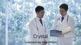  Presentation with record - Audience pleasing theme consisting of doctors consulting about medical record backdrop and a light blue colored foreground