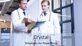  Presentation with report - Audience pleasing presentation consisting of doctors discussing a medical report backdrop and a light blue colored foreground