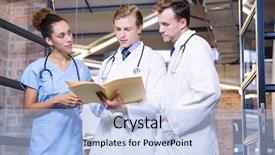  Presentation with design medical hospital - Presentation design with doctors discussing a medical report background and a  colored foreground