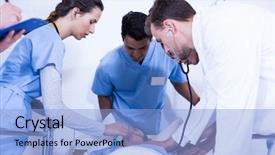  Presentation with hospital bed - Audience pleasing slide set consisting of doctors examining a patient on bed in hospital backdrop and a light blue colored foreground