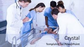  Presentation with hospital bed - Audience pleasing presentation design consisting of doctors examining a patient on bed in hospital backdrop and a light blue colored foreground