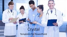  Presentation with quarter - PPT theme featuring doctors examining medical report background and a  colored foreground