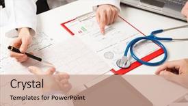  Presentation with tests - Slide set featuring doctors examining medical tests background and a coral colored foreground