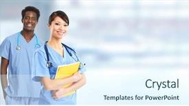  Presentation with medical students - Audience pleasing PPT theme consisting of medical students - doctors group backdrop and a cool aqua colored foreground