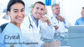  Presentation with medical equipment - Amazing presentation theme having doctors having a meeting backdrop and a light blue colored foreground