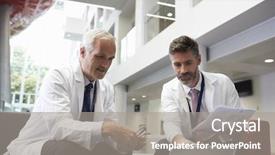  Presentation with hospital - PPT theme having doctors having meeting in hospital background and a gray colored foreground