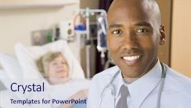  Presentation with patients - Slide set consisting of doctors helping others - doctor standing in patients room background and a  colored foreground