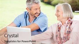  Presentation with helping others - Presentation enhanced with doctors helping others - happy senior woman and caretaker background and a soft green colored foreground