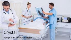  Presentation with moving patient to hospital bed - Cool new slide set with doctors holding reports by patient backdrop and a  colored foreground