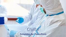  Presentation with covid coronavirus - PPT layouts enhanced with doctors-in-protective-clothing-work background and a sky blue colored foreground