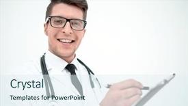  Presentation with writing - Colorful slide set enhanced with doctors legal - close up smiling doctor writing backdrop and a sky blue colored foreground