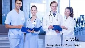  Presentation with report - Colorful slide set enhanced with doctors looking at medical report backdrop and a light blue colored foreground