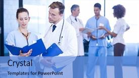  Presentation with report - PPT layouts having doctors looking at medical report background and a light blue colored foreground