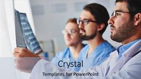  Presentation with multiracial team of young doctors stacking hands - PPT layouts enhanced with doctors looking at x-ray background and a light blue colored foreground