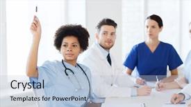  Presentation with medicine - Slide deck having doctors meeting and asking question background and a light blue colored foreground