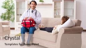  Presentation with doctor visiting family a new born - Presentation theme featuring doctors red - young handsome doctor visiting female background and a soft green colored foreground