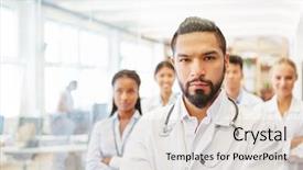  Presentation with multiracial team of young doctors stacking hands - Slide deck consisting of doctors showing athority and competence background and a lemonade colored foreground