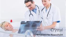  Presentation with female hospital patient - Presentation featuring doctors showing x-ray to female patient in bed at the hospital background and a light blue colored foreground