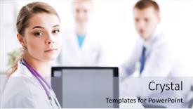  Presentation with women and protection desk - Slide deck consisting of doctors sitting at the desk background and a  colored foreground