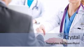  Presentation with women and protection desk - Audience pleasing PPT theme consisting of doctors sitting at the desk backdrop and a teal colored foreground