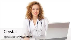  Presentation with young students working in groups - Slide deck enhanced with doctors stethescope - beautiful young doctor working background and a light gray colored foreground