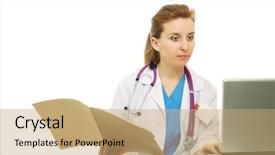  Presentation with working - Presentation having doctors stethescope - beautiful young doctor working background and a coral colored foreground