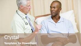  Presentation with exam - Theme consisting of doctors stethescope - doctor giving man checkup background and a coral colored foreground