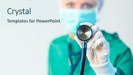  Presentation with female - Presentation theme having doctors stethescope - young female suregon holding stethoscope background and a sky blue colored foreground