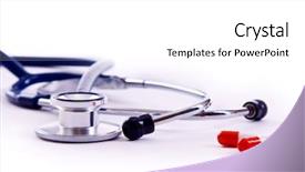  Presentation with drug - Slide deck featuring doctors stethoscope with medical drugs background and a  colored foreground