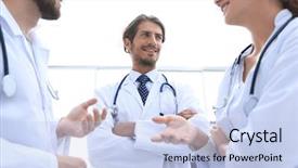  Presentation with modern medicine cardiology concept mixed - PPT theme enhanced with doctors talking during conference bottom background and a light blue colored foreground