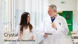  Presentation with hospital - Presentation design featuring doctors talking in an hospital background and a mint green colored foreground