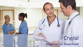  Presentation with healthcare workers - Slides consisting of doctors talking in hospital hallway background and a  colored foreground