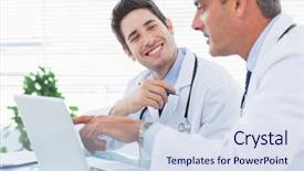  Presentation with medical laptop - Audience pleasing PPT theme consisting of doctors talking together about something on their laptop in medical office backdrop and a sky blue colored foreground