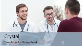  Presentation with hospital customer service - Presentation theme featuring doctors welcoming their customer background and a light blue colored foreground