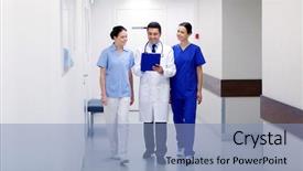  Presentation with health care - Slides having doctors with clipboard walking along background and a light blue colored foreground