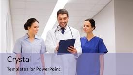  Presentation with intensive care unit health - Colorful PPT layouts enhanced with doctors with clipboard walking along backdrop and a light blue colored foreground