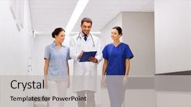  Presentation with health care leadership - Beautiful presentation theme featuring doctors with clipboard walking along backdrop and a light gray colored foreground