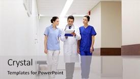  Presentation with health care consumer - PPT layouts enhanced with doctors with clipboard walking along background and a light gray colored foreground