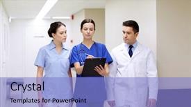  Presentation with health care - Beautiful theme featuring doctors with clipboard walking along backdrop and a  colored foreground