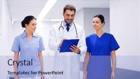  Presentation with maternal health care - Audience pleasing presentation design consisting of doctors with clipboard walking along backdrop and a  colored foreground