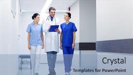  Presentation with health-care - Beautiful PPT theme featuring doctors with clipboard walking along backdrop and a light blue colored foreground