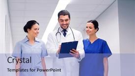  Presentation with health care violence - Audience pleasing slide deck consisting of doctors with clipboard walking along backdrop and a light blue colored foreground