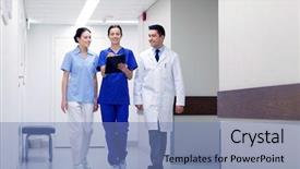  Presentation with health-care - Slides enhanced with doctors with clipboard walking along background and a teal colored foreground
