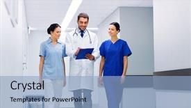  Presentation with health care team building - Slides enhanced with doctors with clipboard walking along background and a light blue colored foreground
