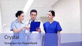  Presentation with health care - Audience pleasing slides consisting of doctors with clipboard walking along backdrop and a  colored foreground