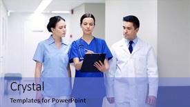  Presentation with health care leadership - Colorful theme enhanced with doctors with clipboard walking along backdrop and a light blue colored foreground
