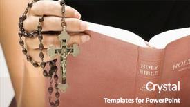  Presentation with open bible - PPT theme consisting of doctrine god - woman holding holy bible open background and a coral colored foreground