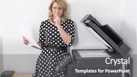  Presentation with black dot - Theme with documenht scan - young beautiful woman background and a dark gray colored foreground