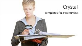  Presentation with contract - Slide deck with document controller - business woman with big magnifying background and a white colored foreground