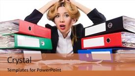  Presentation with busy - PPT layouts with document management - busy woman with stacks background and a  colored foreground